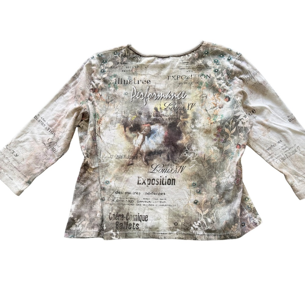 Cactus Women XL 3/4 Sleeve Graphic Top French Ballet Script Rhinestone Beige